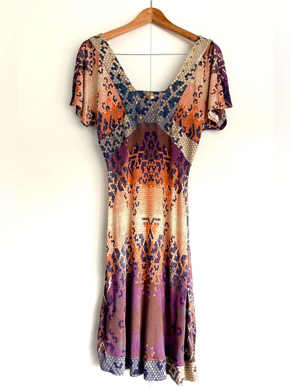 Angelo Marani Purple & Orange Geometric Pattern V-Neck Midi Dress, size 42 (IT)